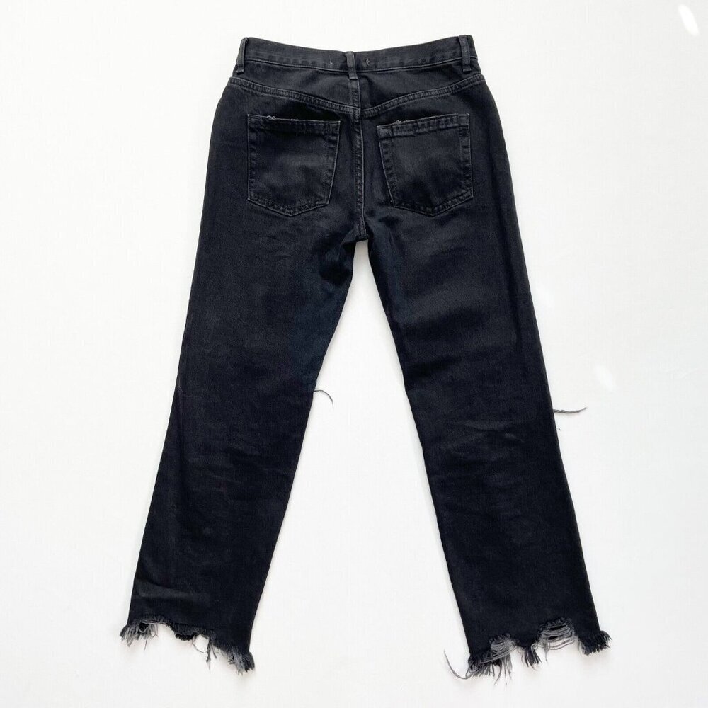 Free People Destroyed Straight Jeans 25 Distressed Black Denim High Rise Raw Hem - Picture 11 of 12
